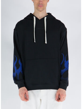 FELPA CON CAPPUCCIO WITH BLUE FLAMES, BLACK, small