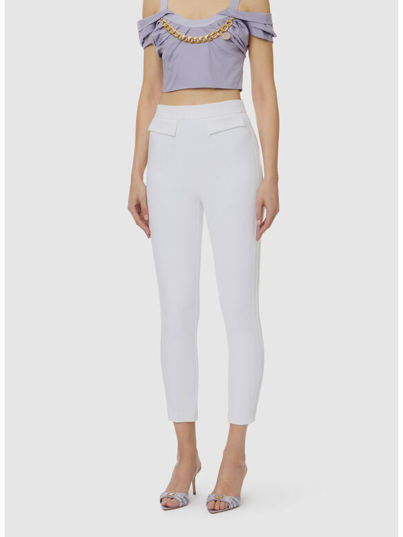 PANTALONE IN DOPPIO CR&Ecirc;PE STRETCH CON LOGO RICAMATO, 360 AVORIO, medium