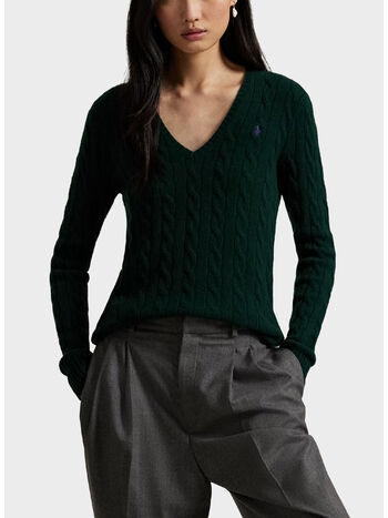 MAGLIONE CON SCOLLO A V IN MAGLIA TRECCIATO KIMBERLY, COLLEGE GREEN, small