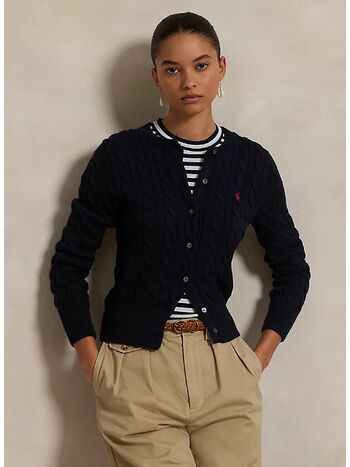 CARDIGAN A GIROCOLLO IN COTONE A TRECCE, HUNTER NAVY, small