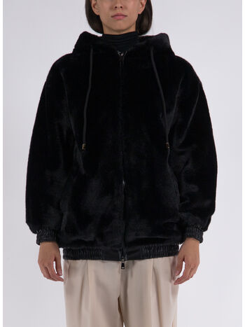 CAPPOTTO CORTO BOMBER CON CAPPUCCIO IN PELLICCIA, 024 NERO, small