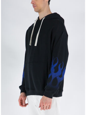 FELPA CON CAPPUCCIO WITH BLUE FLAMES, BLACK, small