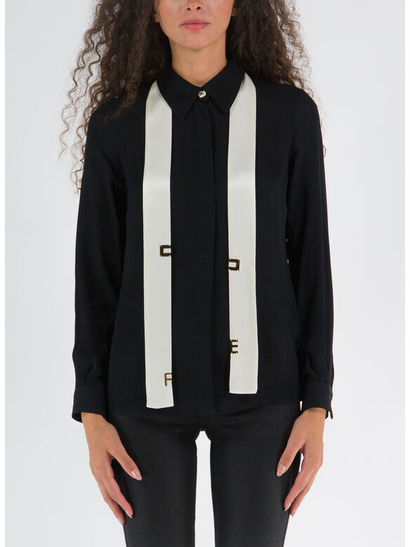CAMICIA IN GEORGETTE CON CRAVATTINO LOGATO, 685 NERO/BURRO, medium