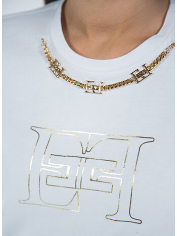 T-SHIRT IN COTONE CON LOGO E CATENA, 270 GESSO, small