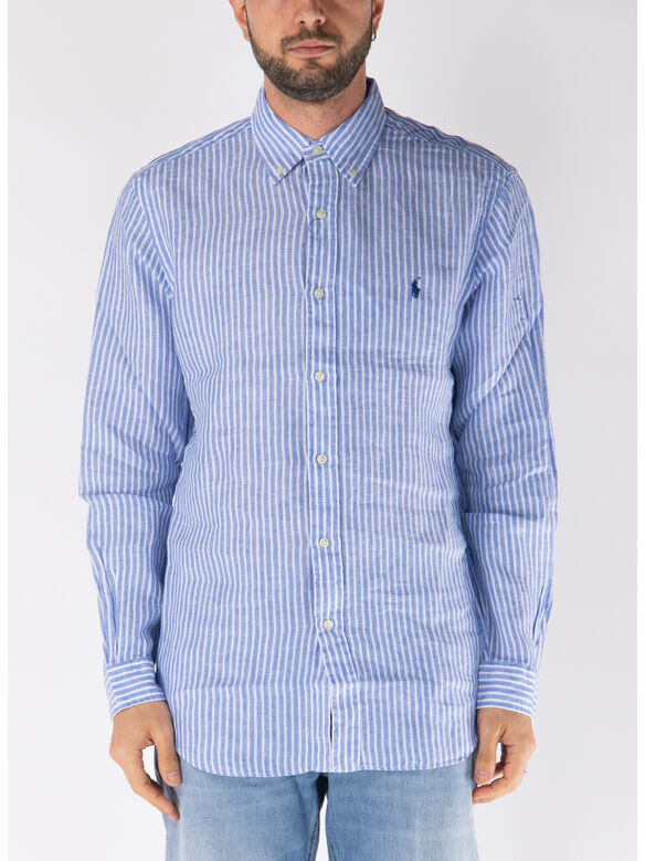 CAMICIA IN LINO CON LOGO RICAMATO, BLUE/WHITE, medium