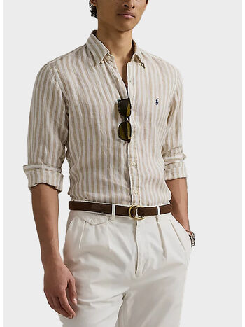 CAMICIA IN LINO A RGHE CON LOGO RICAMATO, COASTAL BEIGE/WHITE, small
