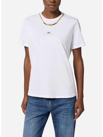 T-SHIRT IN JERSEY DI COTONE CON COLLANA, 270 GESSO, small