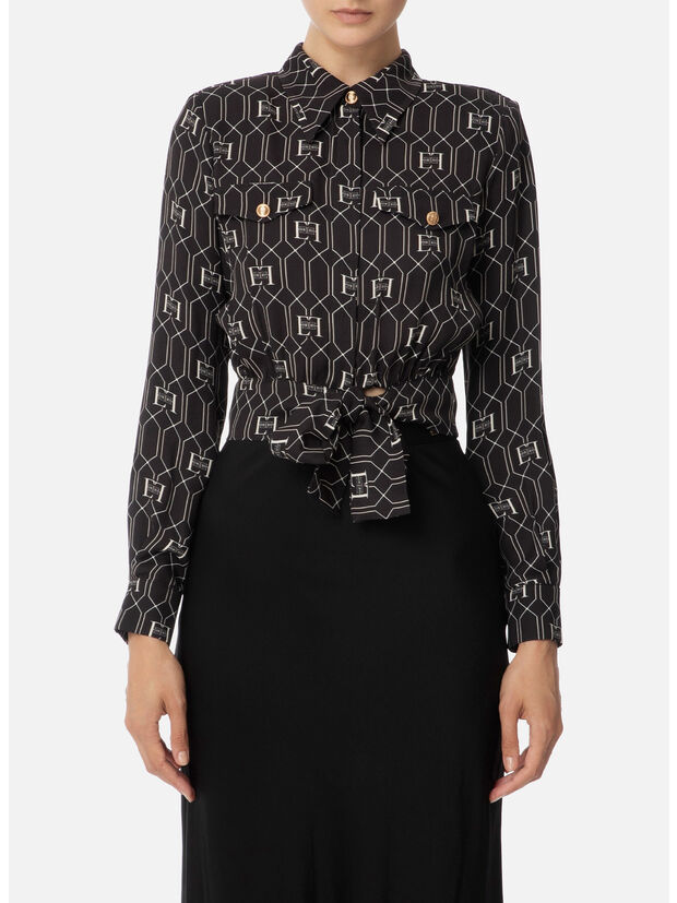 CAMICIA CROP IN VISCOSA CON STAMPA LOGO, 685 NERO BURRO, large