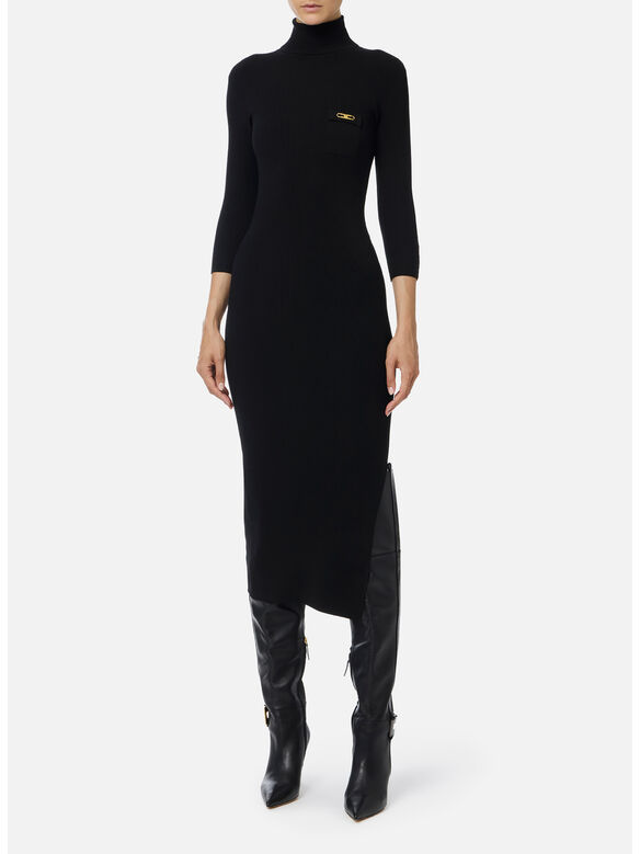 ABITO IN MAGLIA A COSTINE CON TASCHINO, 110 NERO, medium