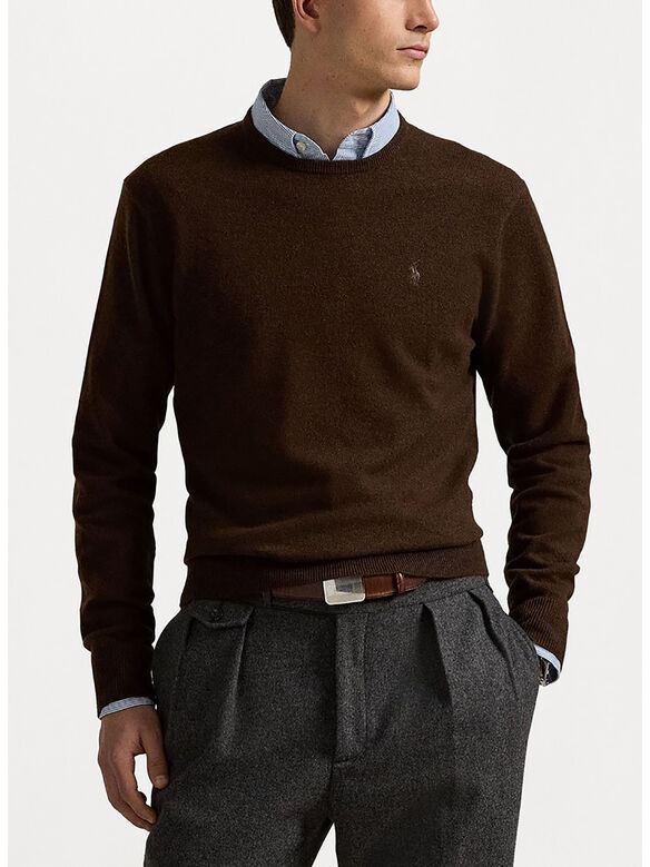 MAGLIONE GIROCOLLO IN LANA CON LOGO RICAMATO, CACAO BROWN HEATHER, medium