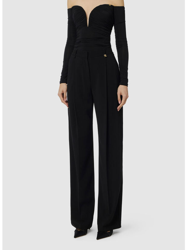 PANTALONI IN CR&Ecirc;PE LEGGERO CON LOGO CHARM, 110 NERO, large