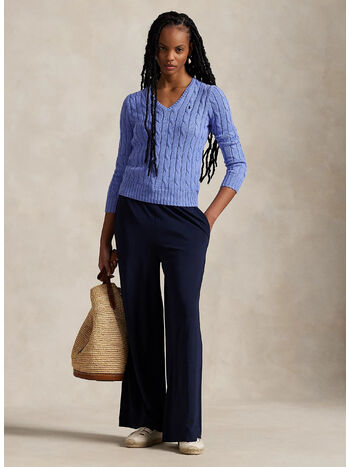 MAGLIONE IN COTONE A TRECCE CON SCOLLO A V, NEW LITCHFIELD BLUE, small