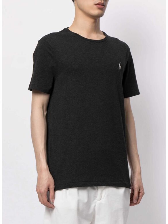 T-SHIRT GIROCOLLO A MANICHE CORTE CON LOGO RICAMATO, BLACK MARL HEATHER, medium