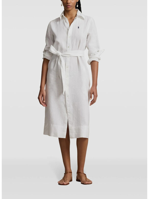 ABITO CHEMISIER IN COTONE E LINO CON CINTURA, WHITE, medium