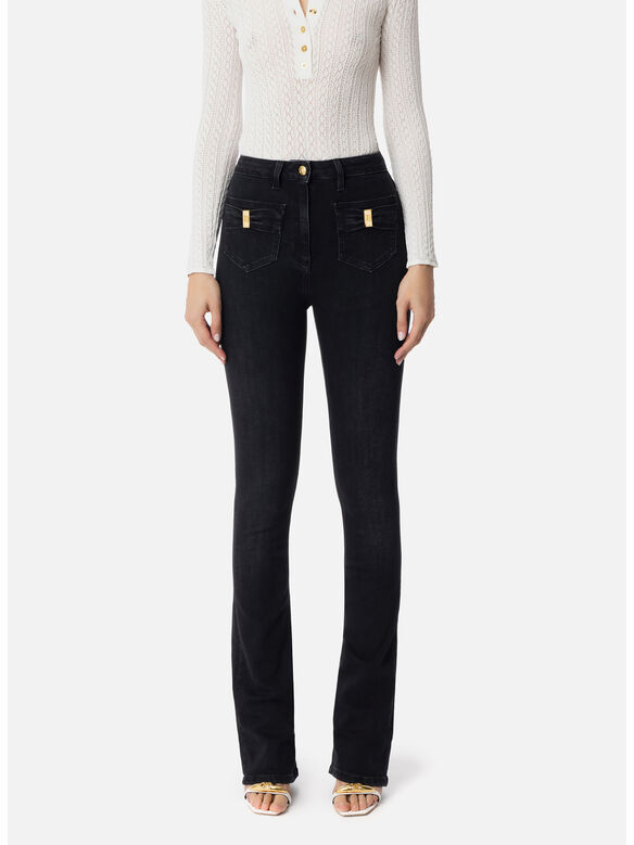 JEANS CON TASCHINI E DETTAGLI A FIOCCO, 102 BLACK DENIM, medium