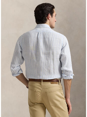 CAMICIA IN LINO A RGHE CON LOGO RICAMATO, OFFICE BLUE/WHITE, small