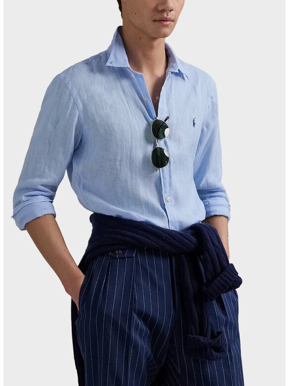 CAMICIA IN LINO CON LOGO RICAMATO, OFFICE BLUE, medium