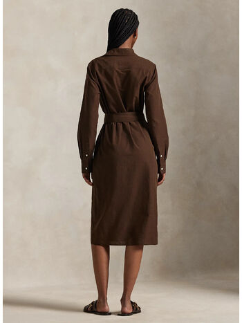 ABITO CHEMISIER IN COTONE E LINO CON CINTURA, DARK BROWN, small