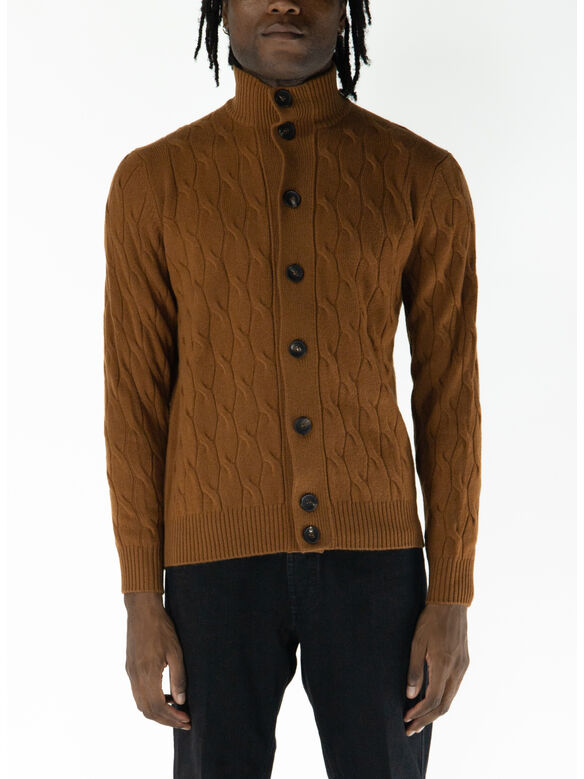 CARDIGAN IN TRECCIA CON COLLO ALTO, 065 BROWN NATURALE, medium