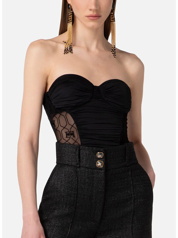 BODY BUSTIER IN LYCRA CON STAMPA FLOCK, 110 NERO, medium