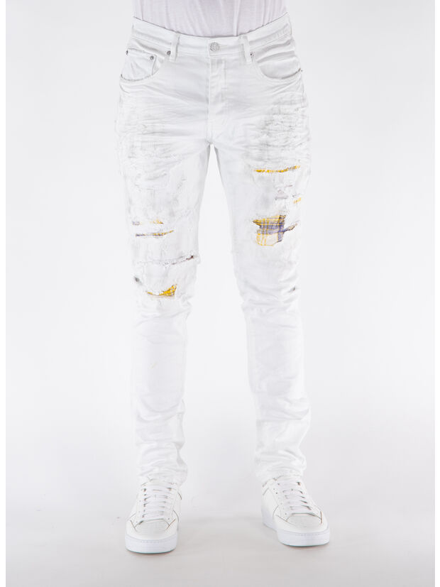 JEANS P001 HEAVY REPAIR WITH PLAID PATCH, WHITE HEAVY WHITE HEAVY, large