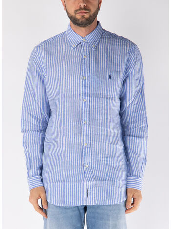 CAMICIA IN LINO CON LOGO RICAMATO, BLUE/WHITE, small