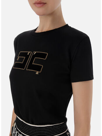 T-SHIRT IN COTONE CON LOGO IN VELLUTO, 110 NERO, small