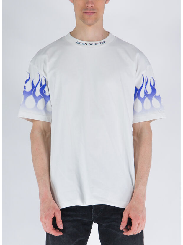 T-SHIRT WITH BLUE FLAMES, OFF WHITE, large