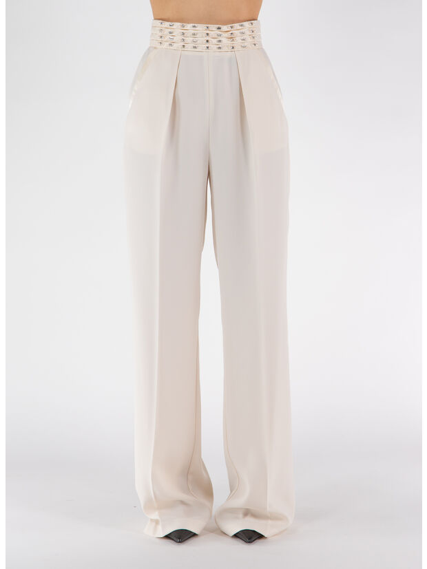 PANTALONE IN CRÊPE CON FASCIONE RICAMATO, 193 BURRO, large