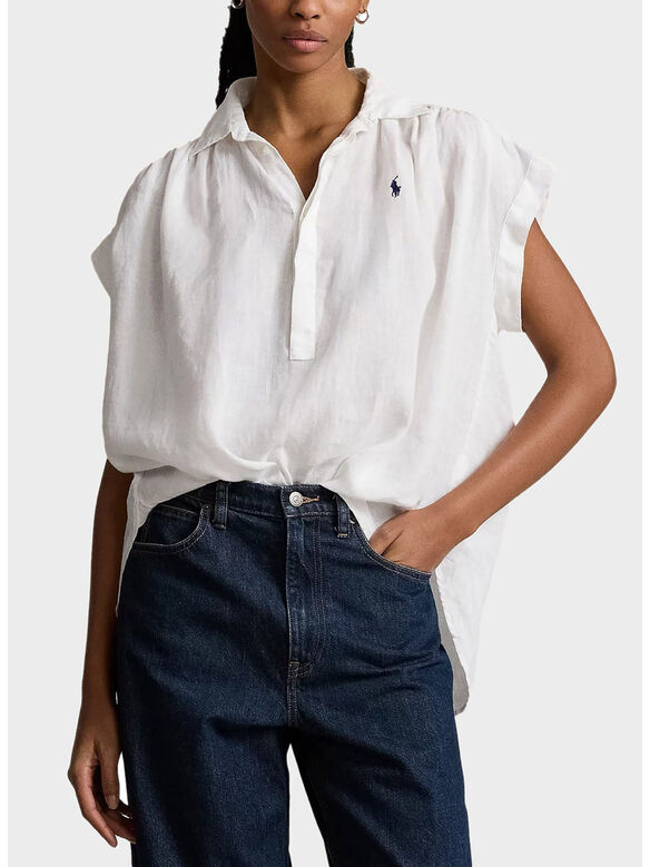 CAMICIA POPOVER IN LINO, WHITE, medium