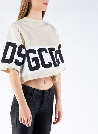 T-SHIRT CORTA CON BANDA LOGO GCDS, WHITECUPGREY57, small