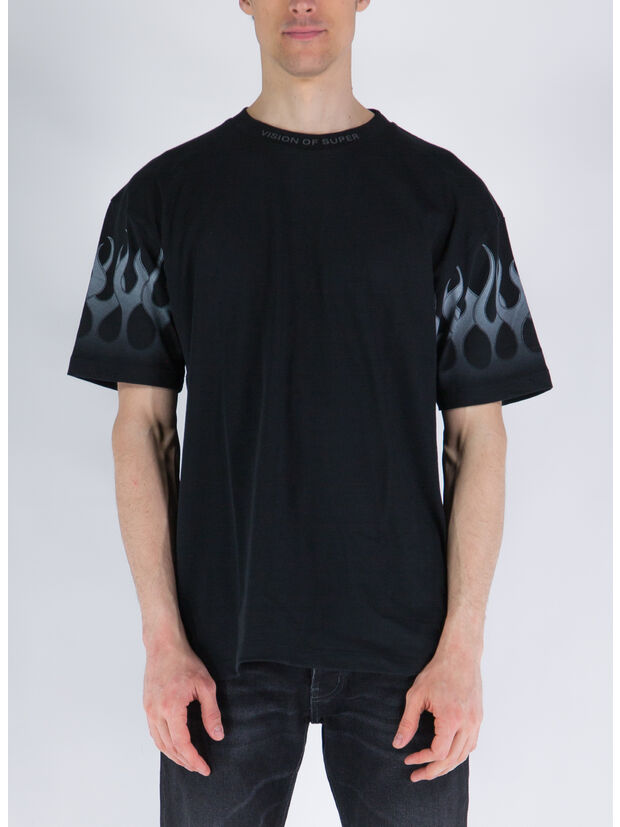 T-SHIRT WITH GREY FLAMES, BLACK, large
