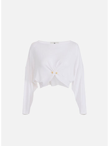 T-SHIRT IN JERSEY CRÊPE CON PIERCING, 360 AVORIO, small