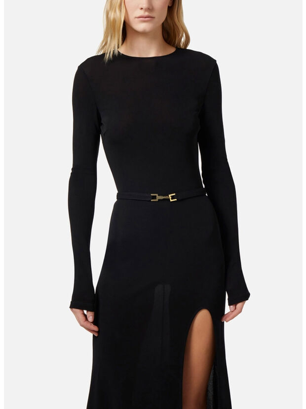 ABITO MIDI IN JERSEY CON CINTURA, 110 NERO, large