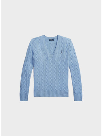 MAGLIONE CON SCOLLO A V IN MAGLIA TRECCIATO, NEW LITCHFIELD BLUE, small