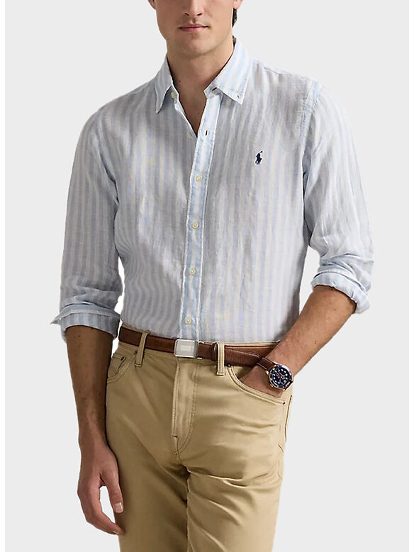 CAMICIA IN LINO A RGHE CON LOGO RICAMATO, OFFICE BLUE/WHITE, medium