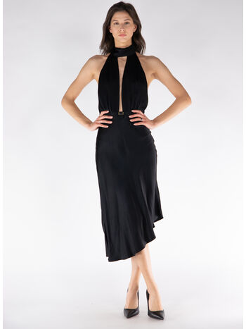 ABITO MIDI IN RASO CON GONNA ASIMMETRICA, 110 NERO, small