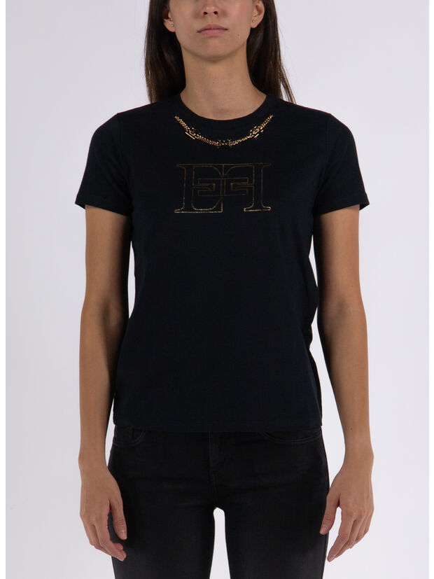 T-SHIRT IN COTONE CON LOGO E CATENA, , large