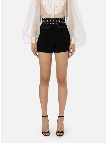 SHORTS IN CRÊPE CON FASCIONE ALTO RICAMATO, 110 NERO, small