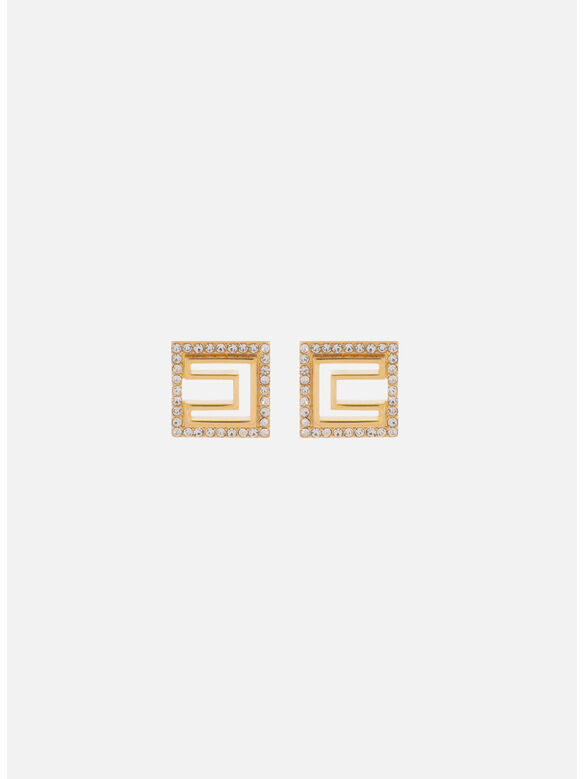 ORECCHINI MICRO SQUADRATI IN OTTONE CON LOGO E STRASS, U95 ORO GIALLO, medium