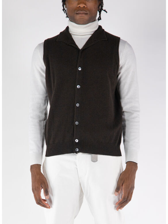 GILET CON COLLO A V, 190 MARRONE, medium