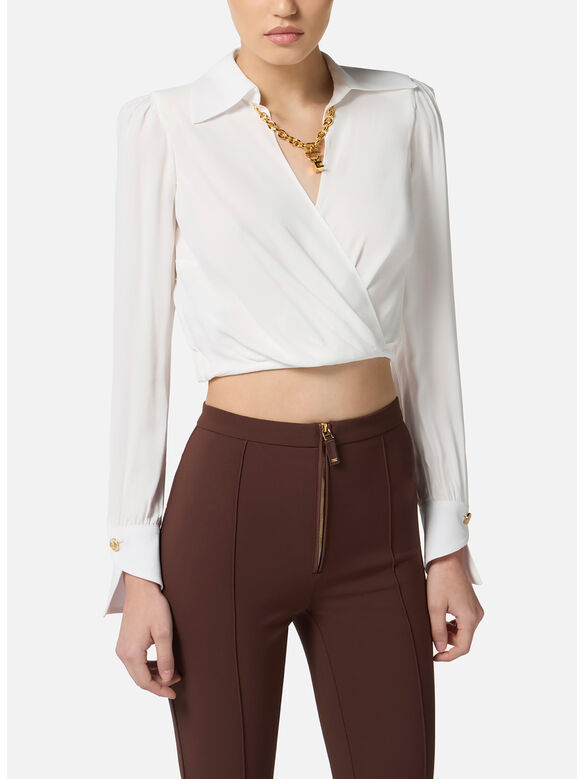 BLUSA IN GEORGETTE CON DETTAGLIO GIOIELLO, 360 AVORIO, medium