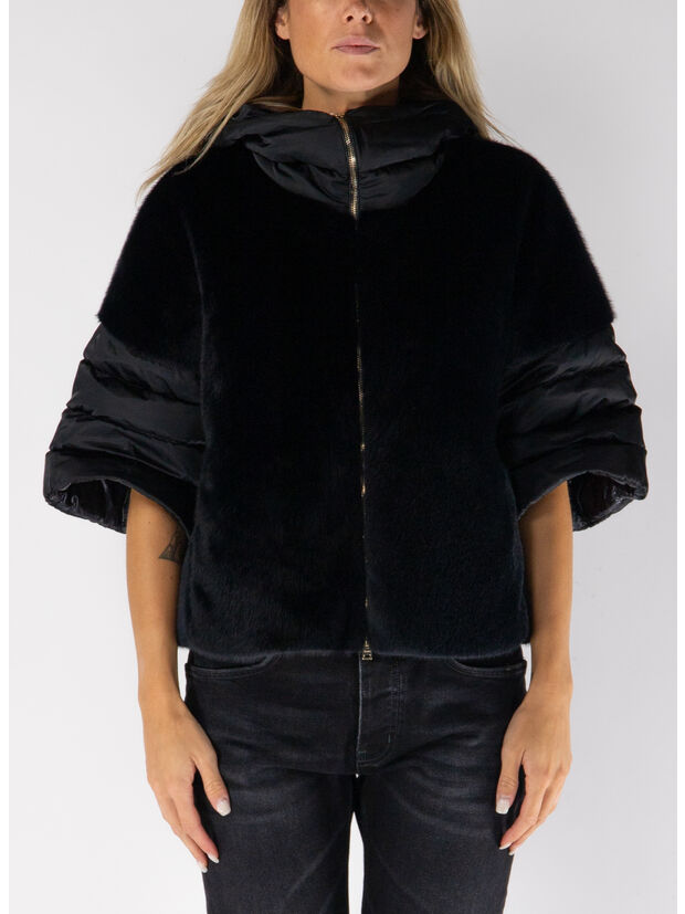 GIACCA IN PELLICCIA SINTETICA CON CAPPUCCIO, 9300 NERO, large