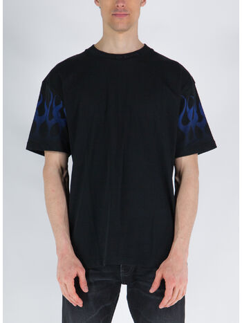 T-SHIRT WITH BLUE FLAMES, BLACK, small