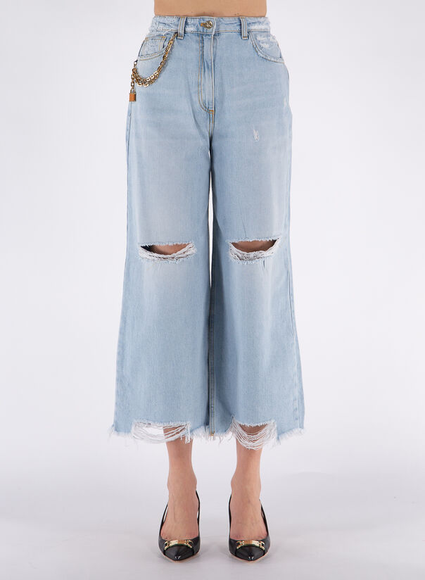 ELISABETTA FRANCHI JEANS CON DETTAGLI STRAPPATI CROPPED Azzurro Donna |  Selecteur