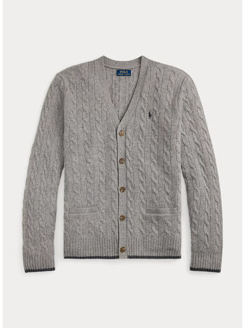 CARDIGAN A TRECCE IN LANA E CASHMERE, FAWN GREY HEATHER, small