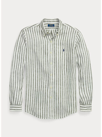 CAMICIA IN LINO A RGHE CON LOGO RICAMATO, NEW OLIVE/WHITE, small