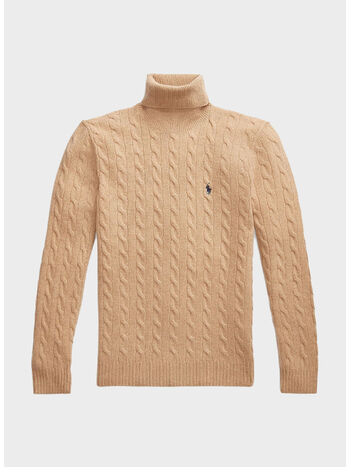 MAGLIONE A COLLO ALTO CON LOGO, CAMEL MELANGE, small