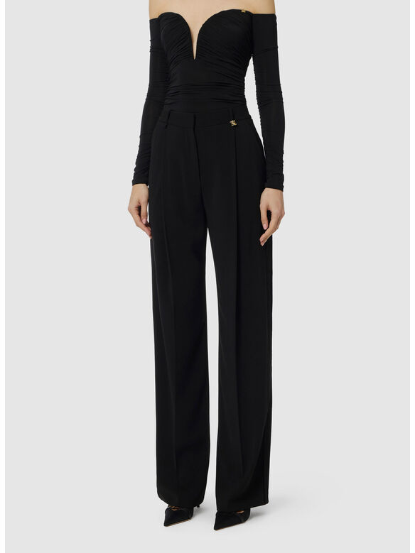 PANTALONI IN CR&Ecirc;PE LEGGERO CON LOGO CHARM, 110 NERO, medium