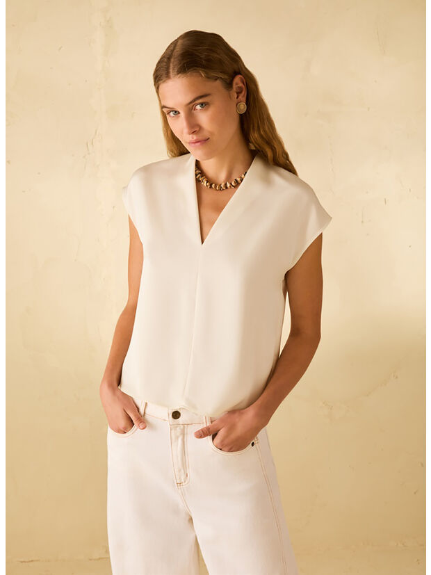BLUSA IN DOPPIO RASO, 001 AVORIO, large